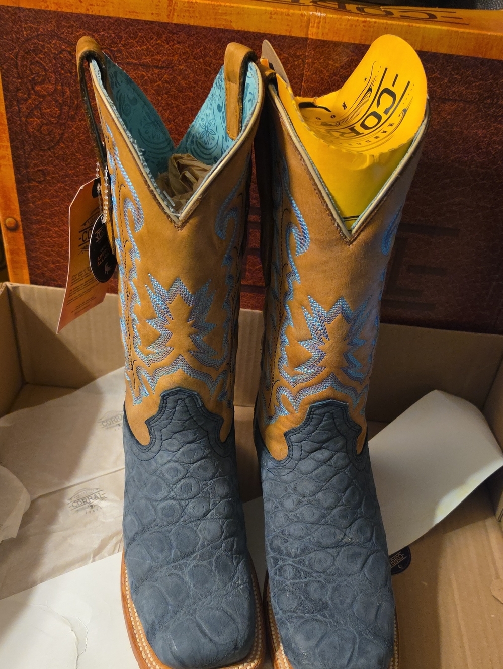 Exotic American Alligator Two-Tone Blue & Tan Women's Western Heeled Boots